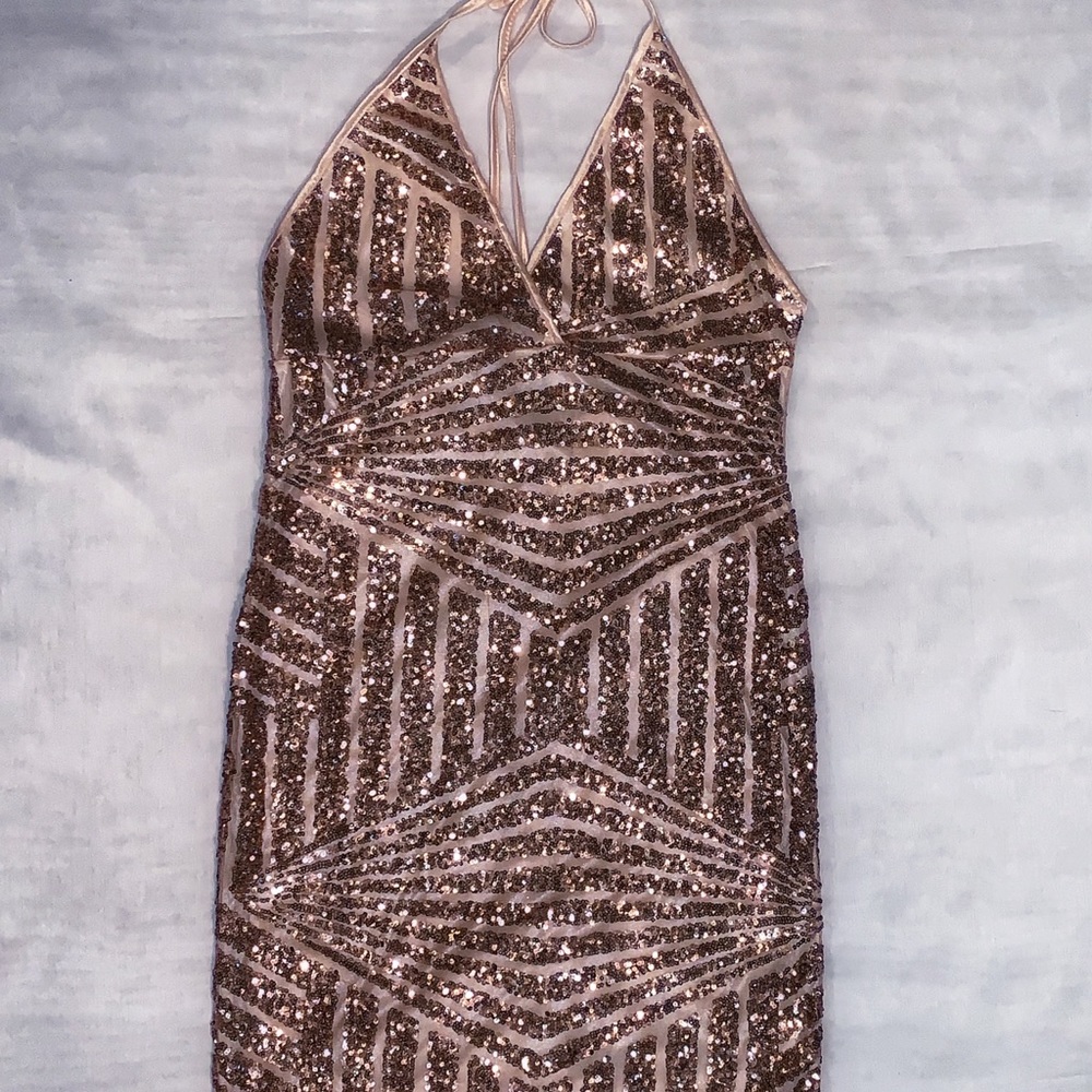 Gold sequin mini dress.